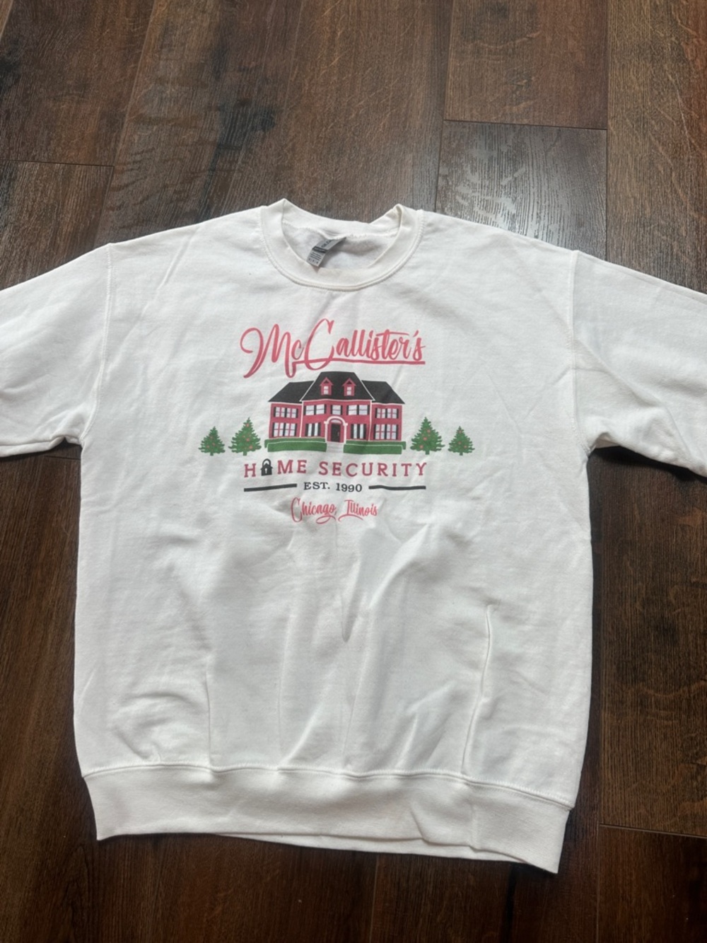 Gildan White Sweatshirt with Pink & Green Holiday House Graphic
